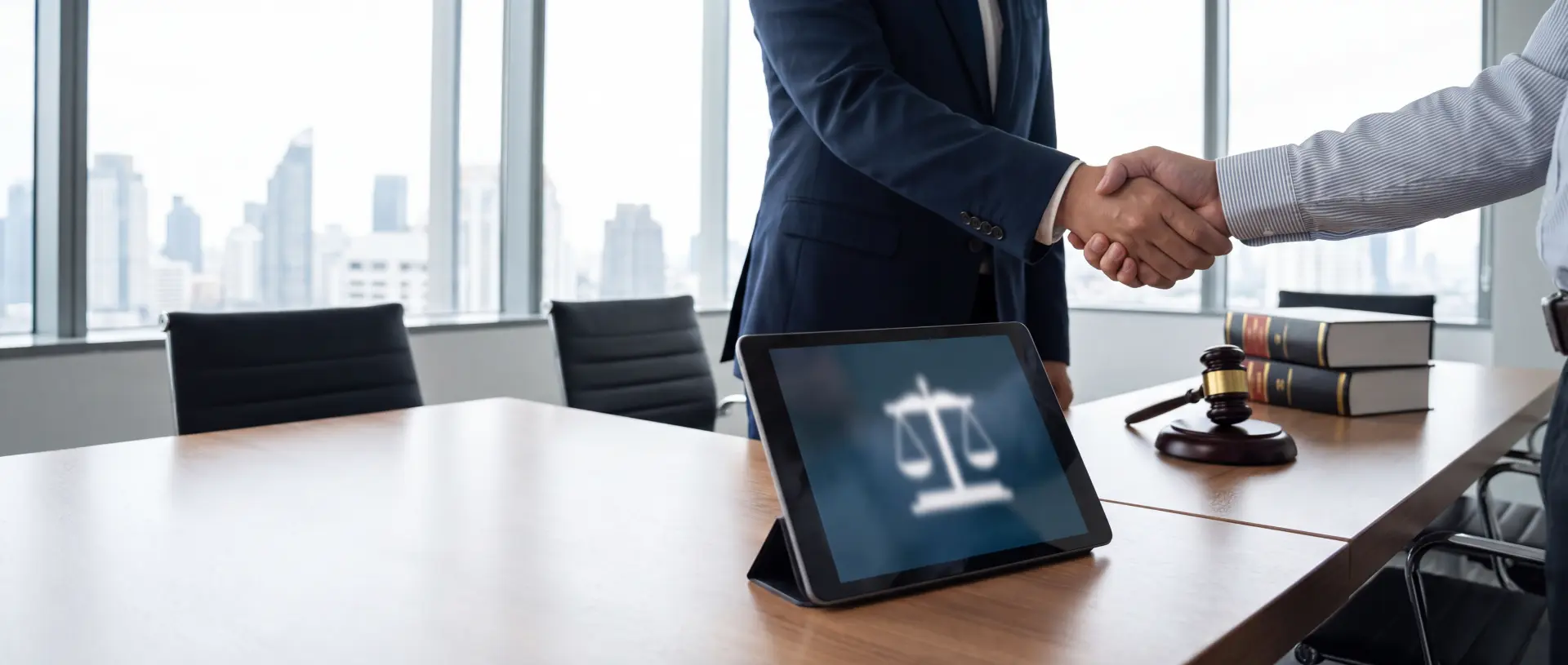 Händedruck zwischen Geschäftspartnern mit Tablet und Justizsymbol, Symbol für Rechtsanwaltsvermittlung