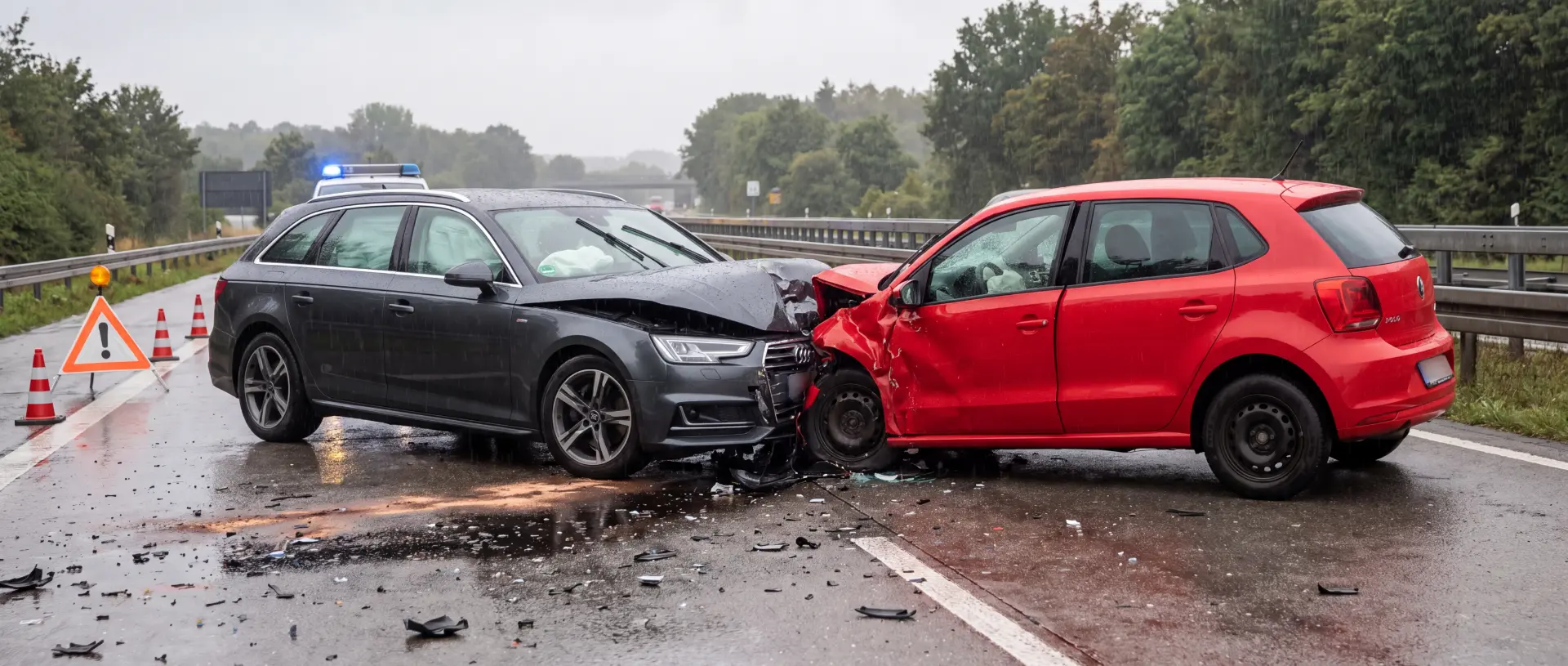 Verkehrsunfall mit zwei stark beschädigten Fahrzeugen auf regennasser Landstraße