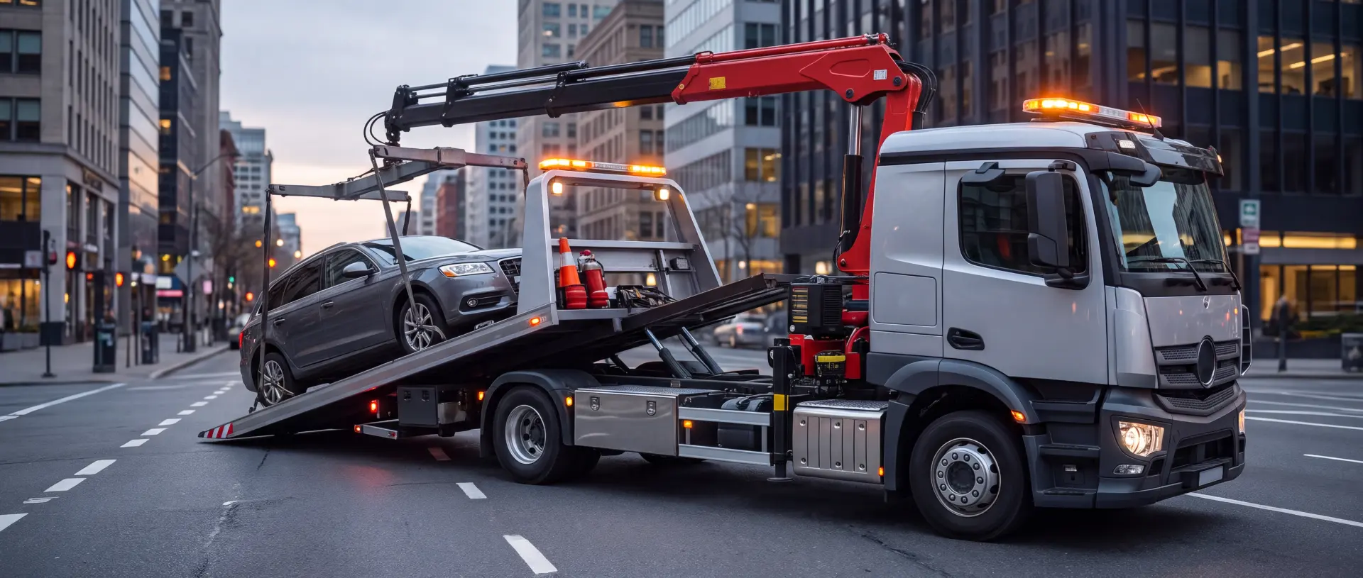 Abschleppwagen lädt ein Fahrzeug in der Stadt auf
