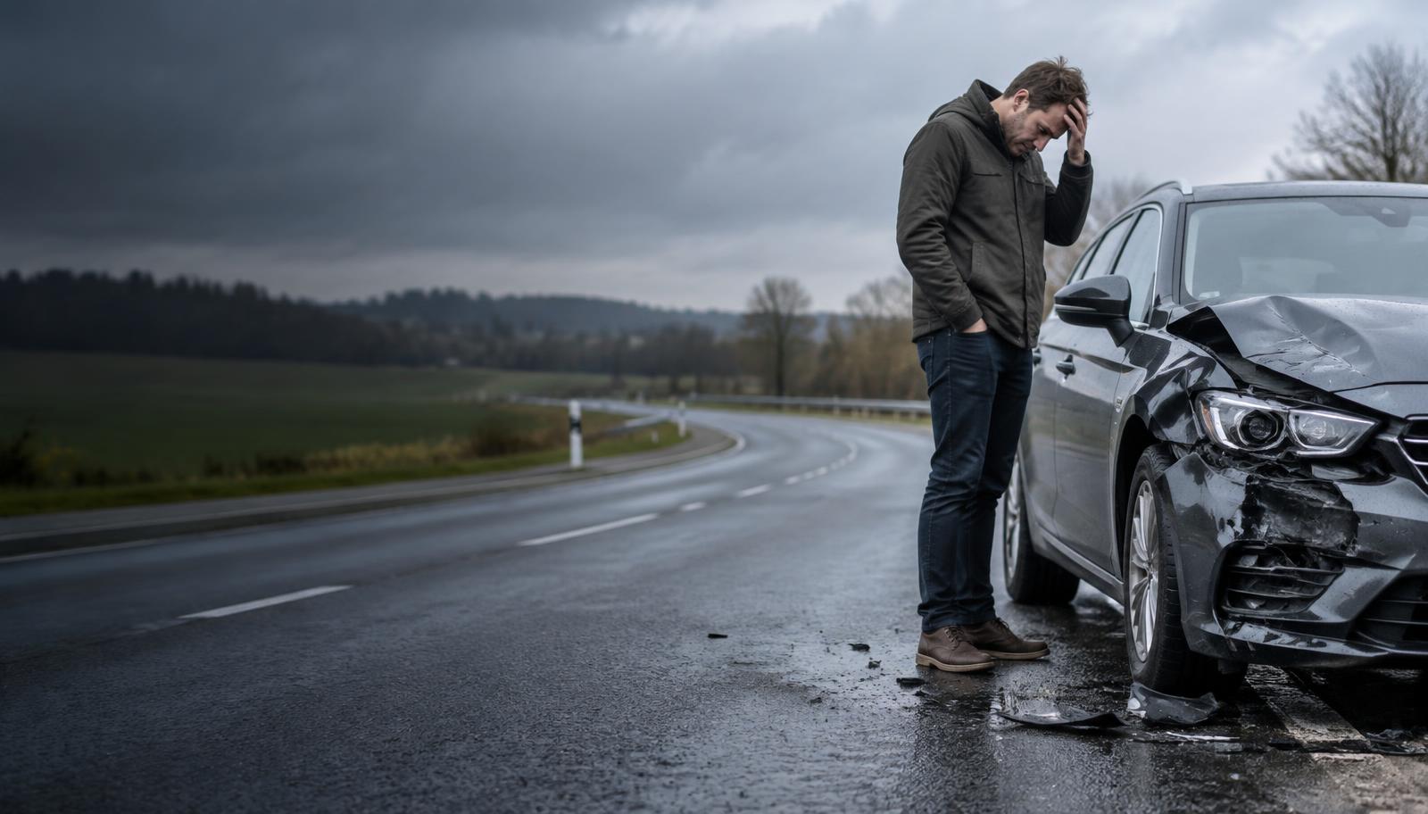 Besorgter Autofahrer mit gesenktem Kopf neben seinem beschädigten Fahrzeug
